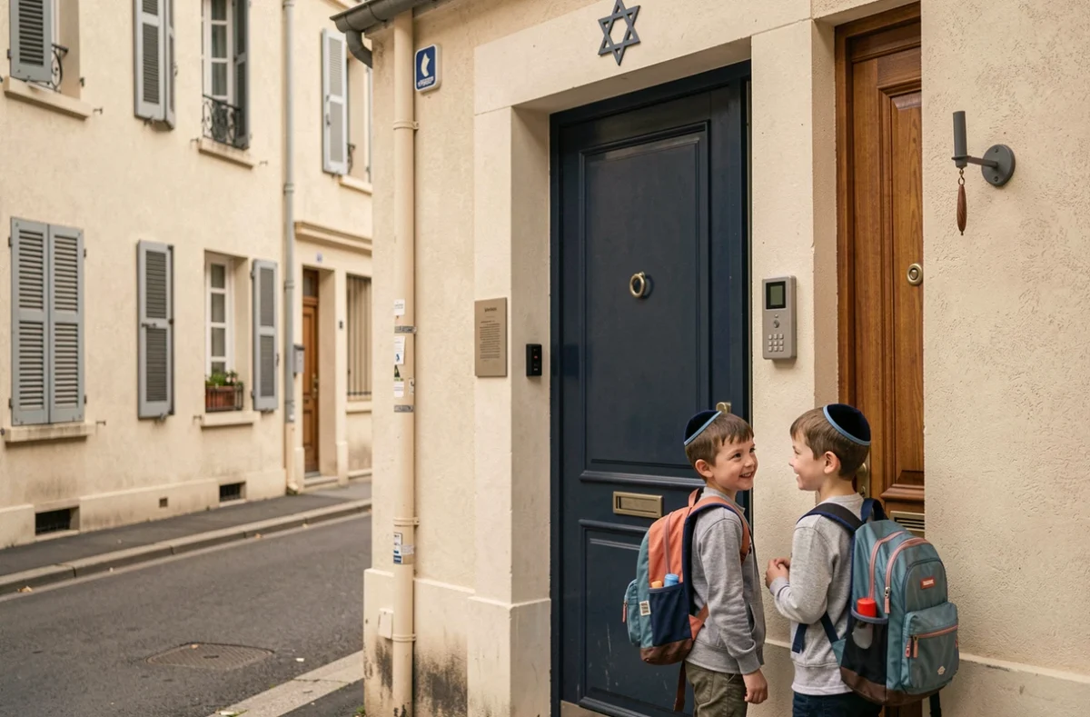 Entrée de l'école primaire privée Ozar Hatorah avec des élèves en kippot devant la porte