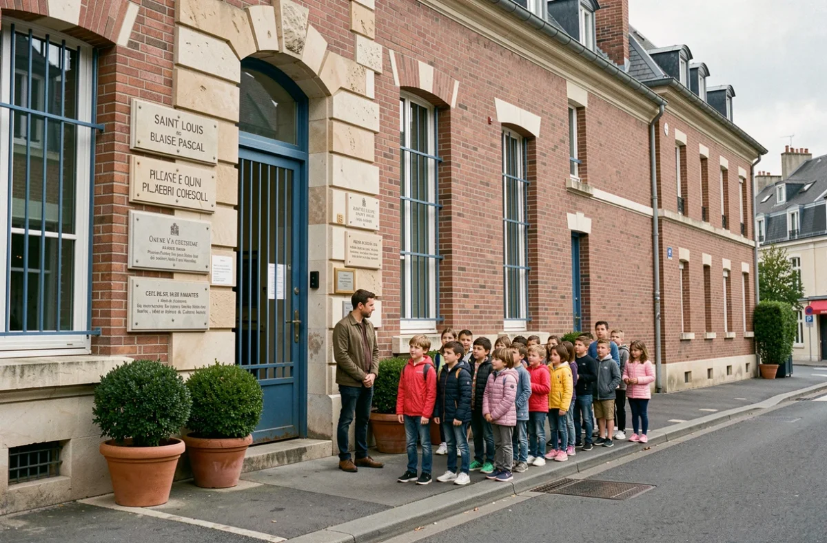 École primaire privée Saint Louis-Blaise Pascal avec élèves alignés devant l'entrée sous la supervision d'un enseignant