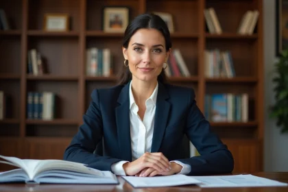 Économiste française professionnelle assise à un bureau institutionnel avec des livres d'économie, portrait éditorial réaliste