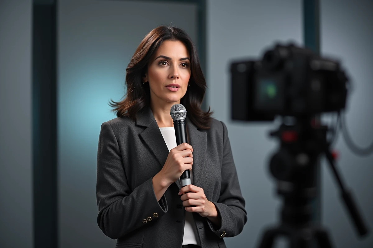 Femme économiste française sur le plateau d'une émission télévisée, micros et équipements de studio en arrière-plan flou