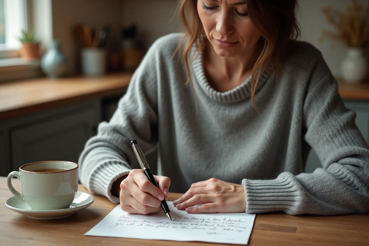 Une femme écrivant un message de condoléances à la main sur une carte, attablée dans une cuisine chaleureuse