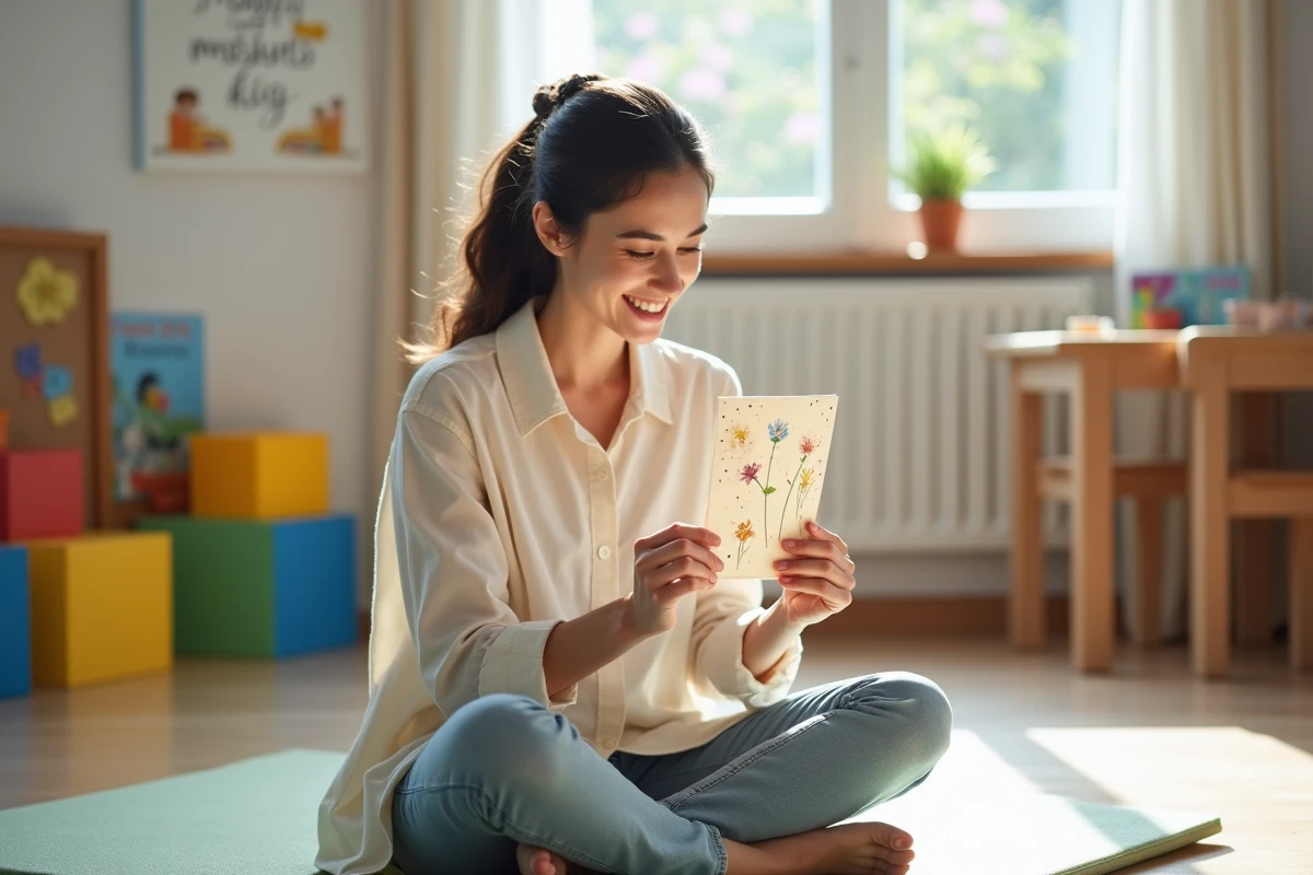 Éducatrice de crèche tenant une carte de fête des mères artisanale faite par les enfants avec des fleurs séchées