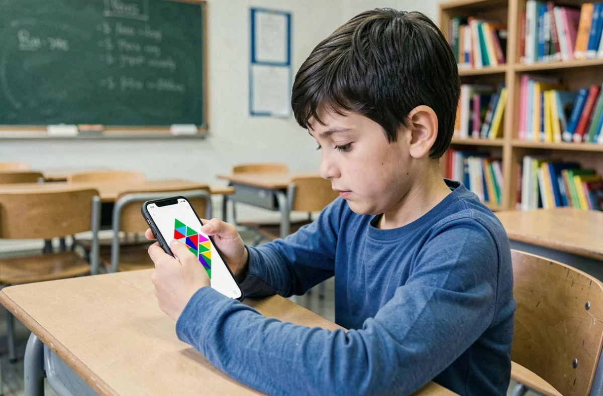 Enfant concentré utilisant une application de tangram sur smartphone dans une salle de classe scolaire