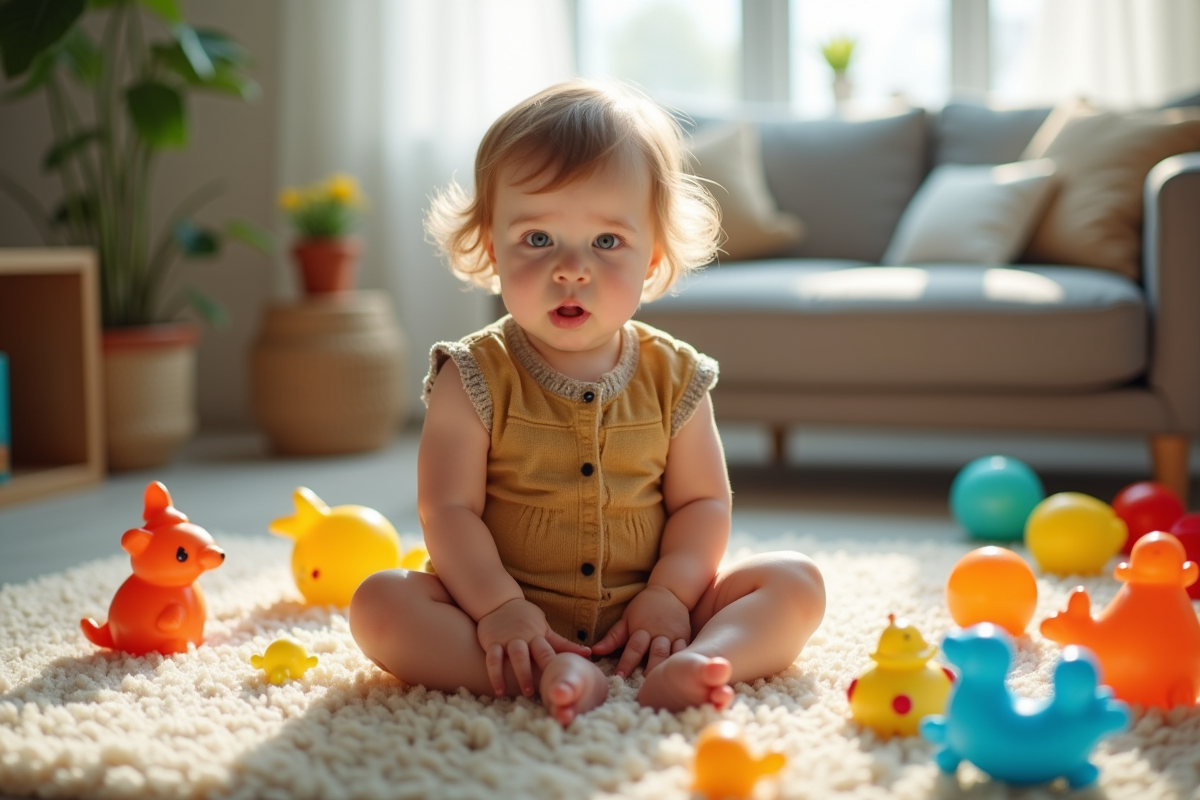 Enfant assis sur un tapis avec jouets colorés dans une pièce moderne