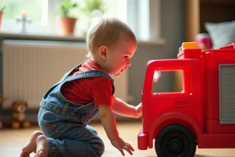 Enfant en salopette examinant un camion de pompier jouet rouge sur un plancher en bois dans un salon