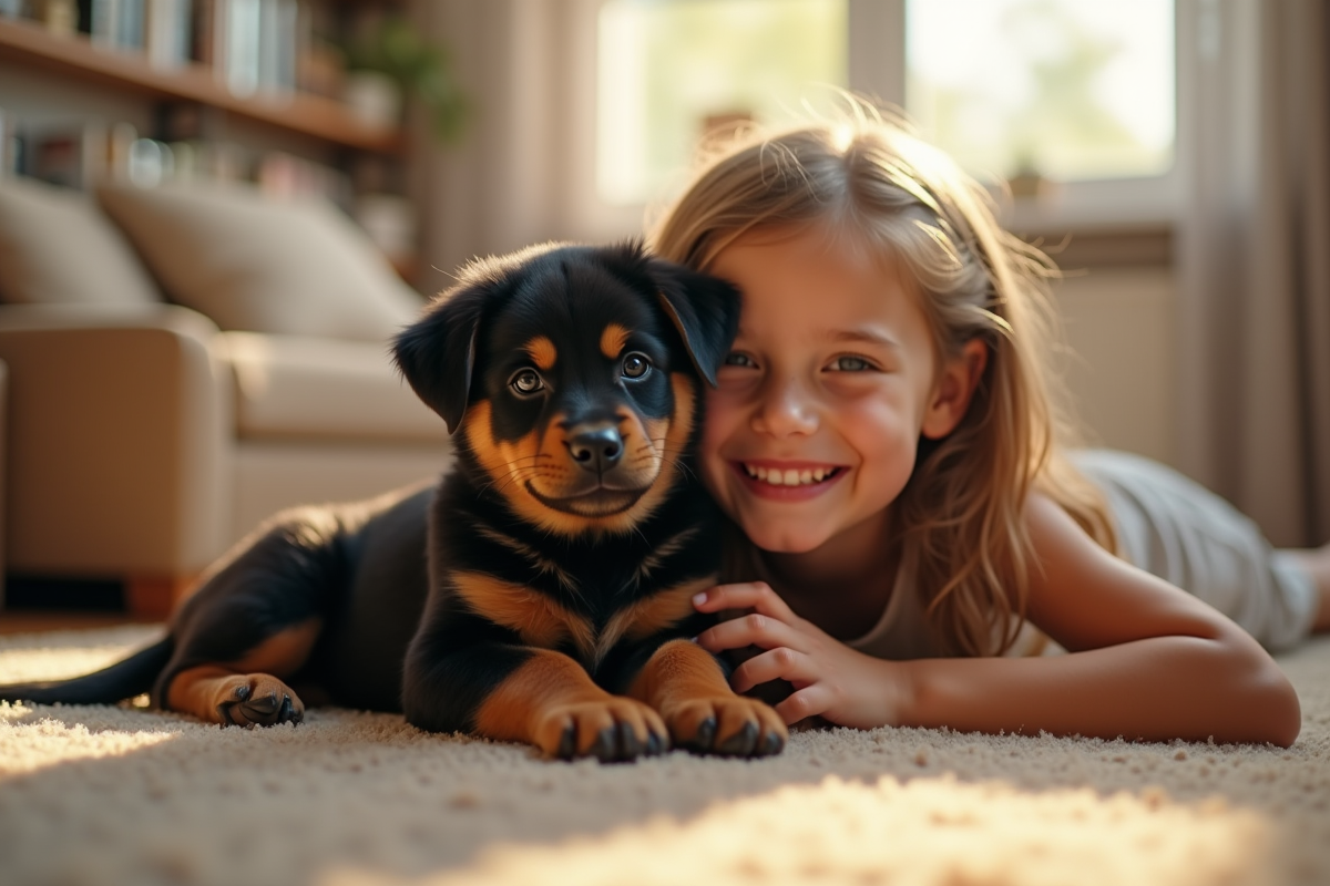 Enfant câlinant un chiot rottweiler dans un salon chaleureux