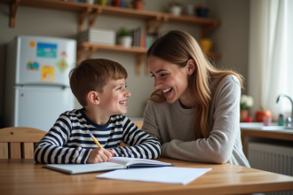 Jeune garçon et mère dans la cuisine chaleureuse