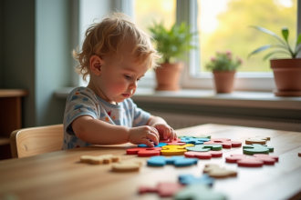 Jeune enfant assemble un puzzle en bois coloré à la lumière naturelle