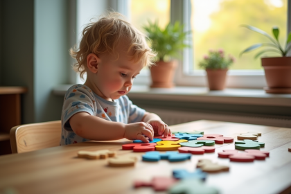 Jeune enfant assemble un puzzle en bois coloré à la lumière naturelle