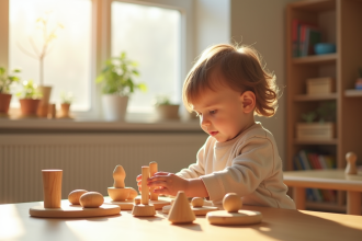 Jeune enfant jouant dans une classe Montessori lumineuse