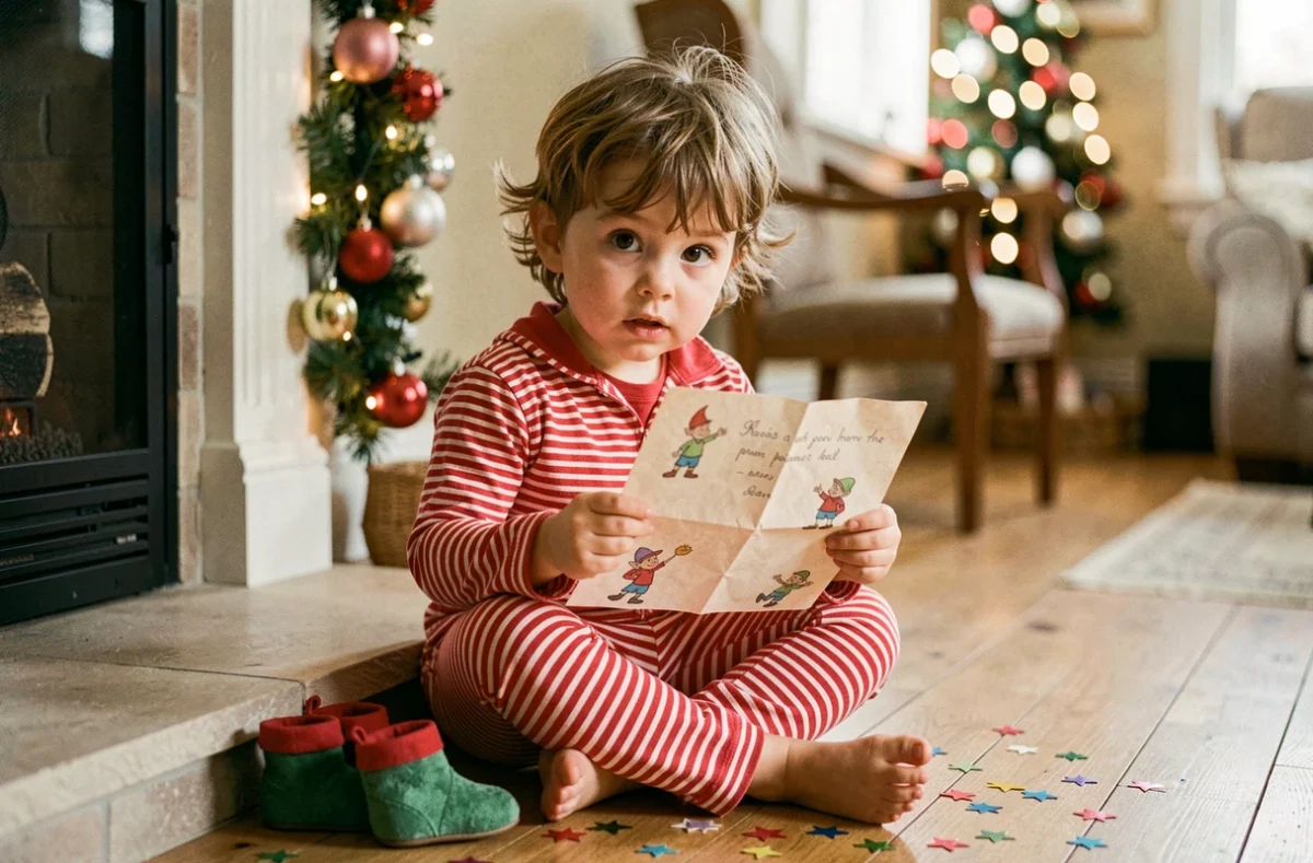 Enfant en pyjama lisant une lettre de lutin farceur le matin de Noël