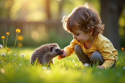 Jeune enfant observe un hérisson dans un jardin verdoyant