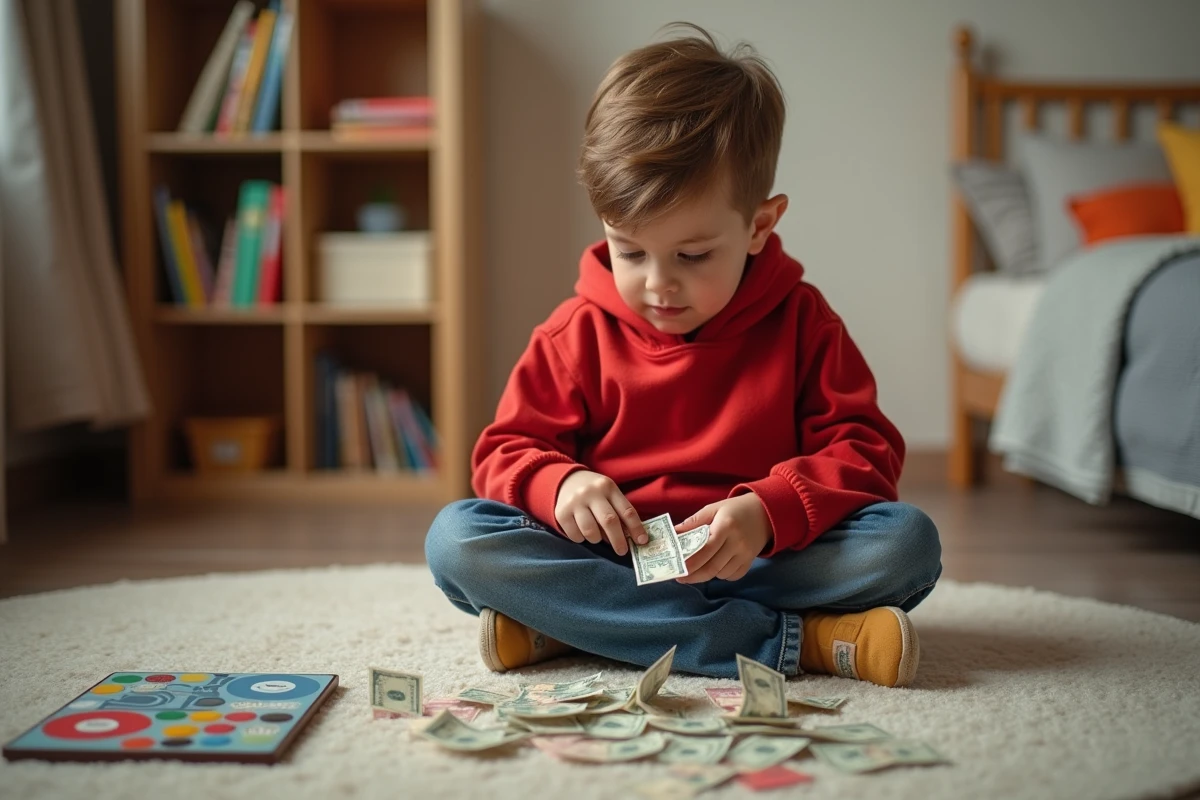 Jeune garçon concentré qui trie des billets de jeu colorés sur un tapis, apprenant les règles d'un jeu de société financier