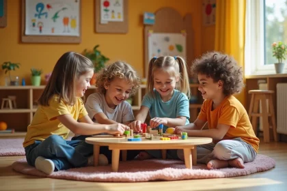 Groupe d'enfants collaborant sur une activité éducative ludique dans un espace Palomano à Lille