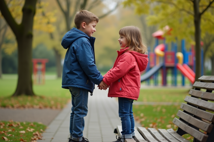 Deux enfants d'école primaire sur un banc dans un parc