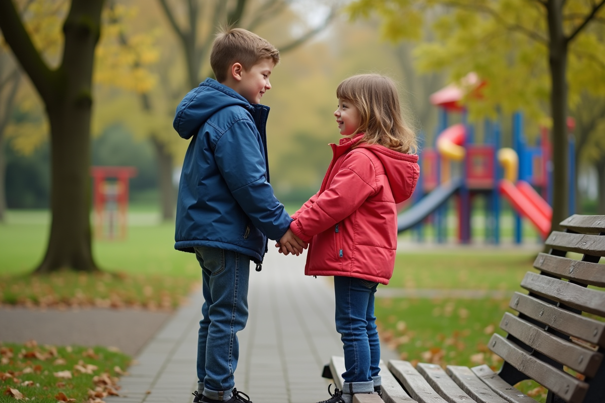 Deux enfants d'école primaire sur un banc dans un parc