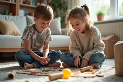 Deux enfants jouent &agrave; un jeu de soci&eacute;t&eacute; fait maison dans un salon lumineux
