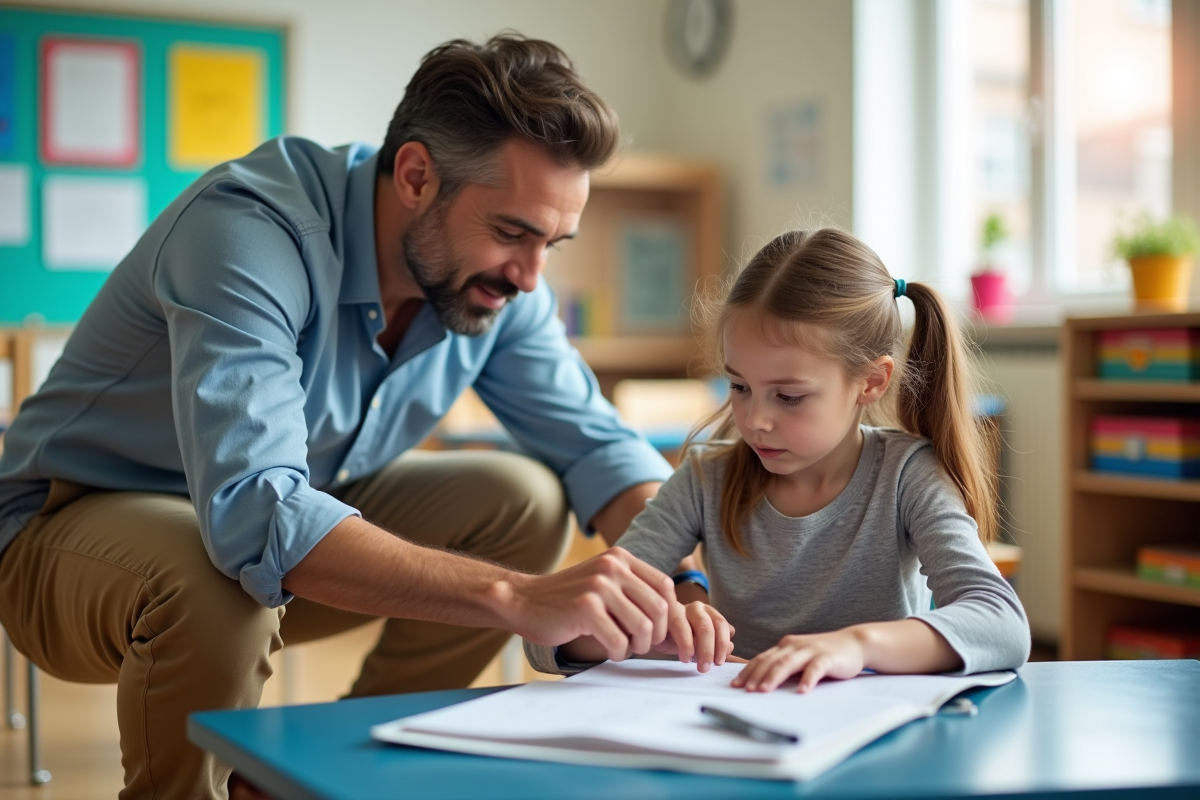 Professeur et élève regardant un dessin en classe lumineuse