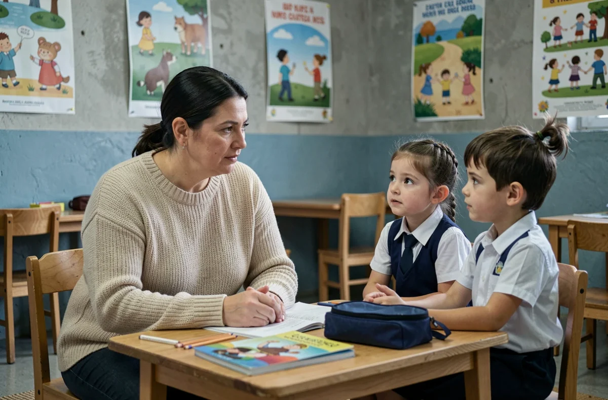 Enseignante discutant avec des élèves en classe dans un cadre bienveillant, représentant la communication éducative sur les questions corporelles et familiales à l'école