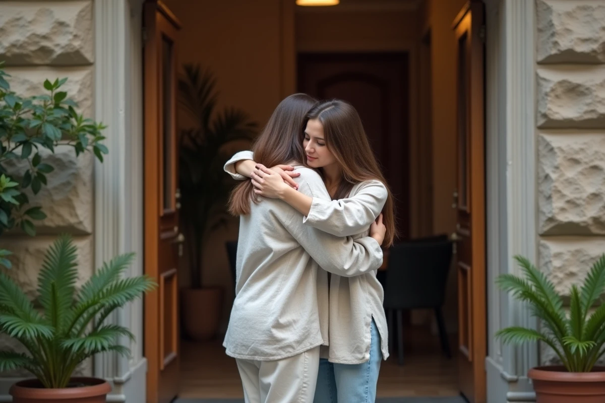Deux amies s'étreignant sur le pas de la porte, l'une apportant son soutien à l'autre en période de deuil