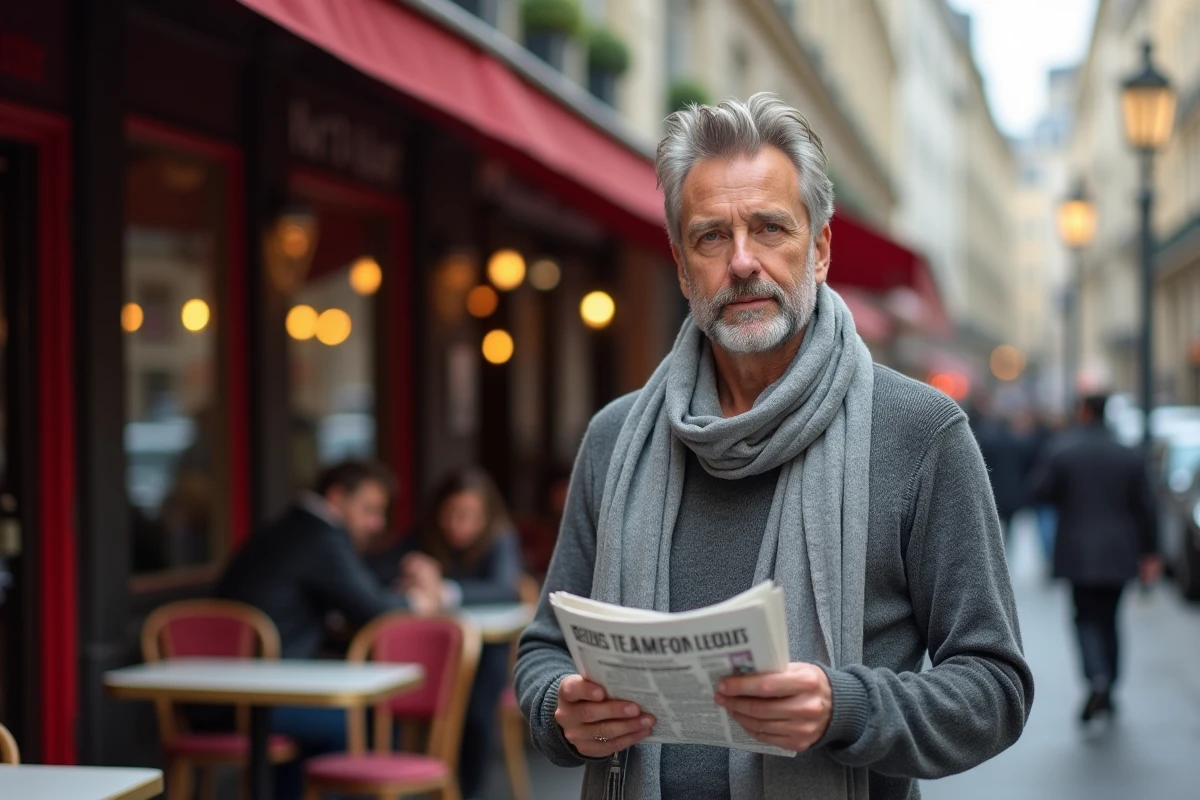 Expert medias homme devant un café parisien