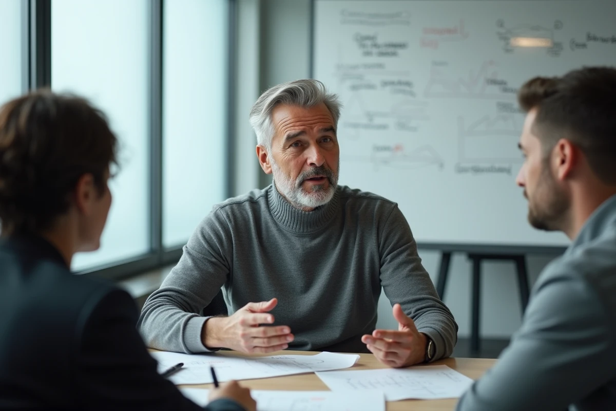Expert en réseaux et criminologie lors d'une réunion dans une salle de séminaire moderne, gesticulant lors d'une discussion animée avec des collègues