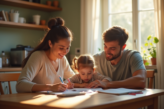 Famille aidant leur fille avec ses devoirs à la maison