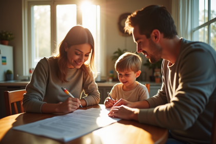 Famille aidant un enfant à remplir un formulaire parental
