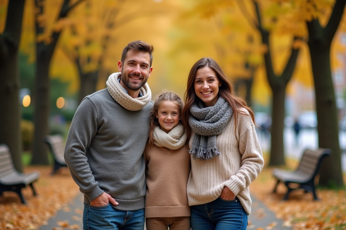 Famille souriante dans un parc en automne