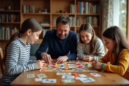 Famille jouant à la Bonne Paye autour d'une table en bois, parents guidant leurs jeunes enfants dans une partie de jeu de société