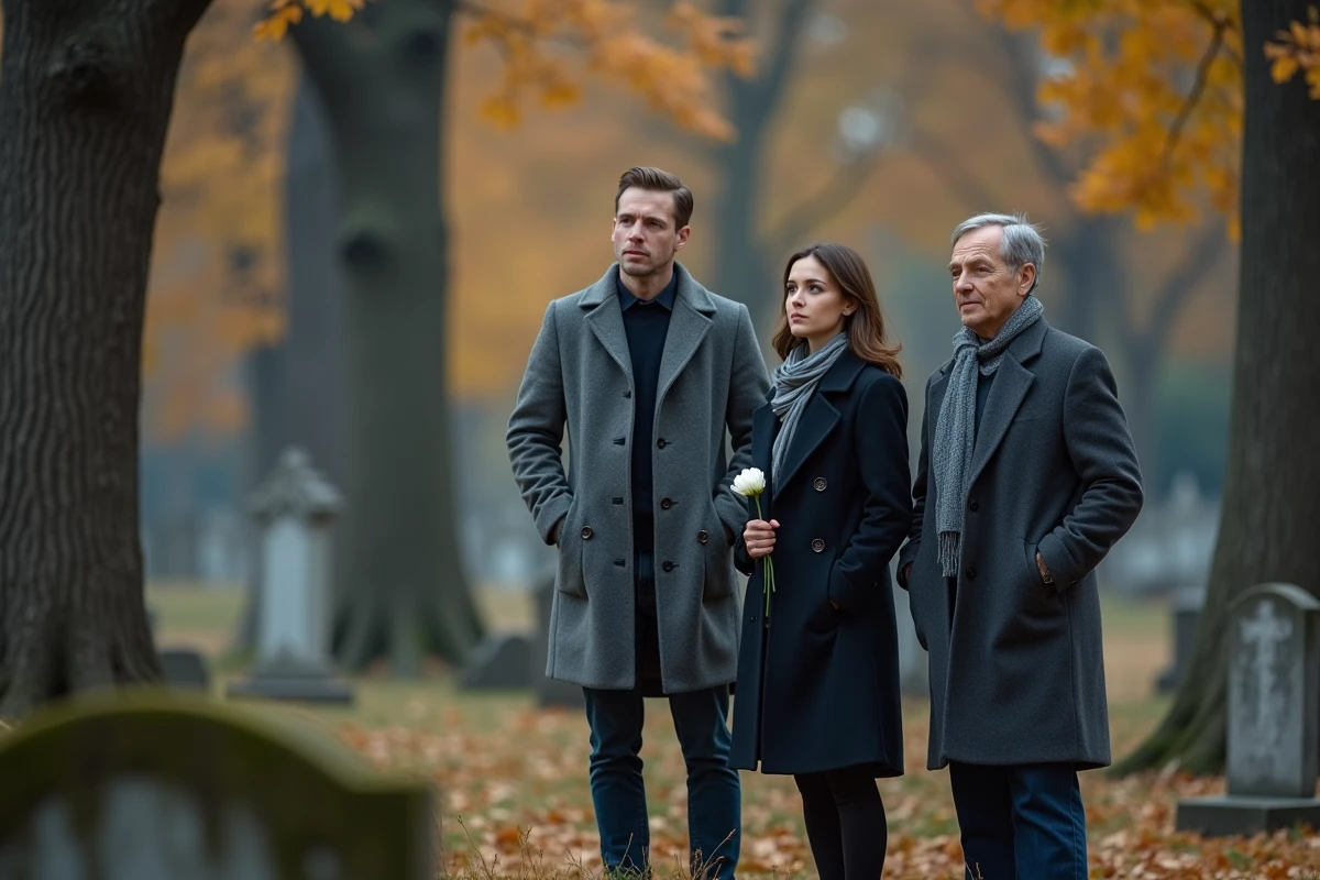Famille réunie au cimetière pour rendre hommage à un grand-père lors d'un dernier adieu