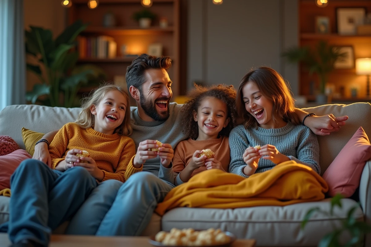 Famille moderne regardant une comedie dans le salon