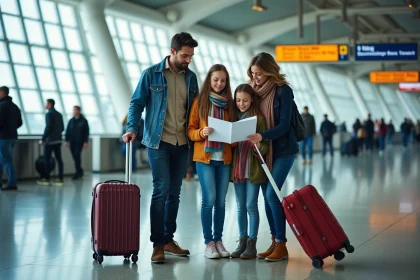Famille française avec valises dans un aéroport pendant les vacances scolaires zone B 2026