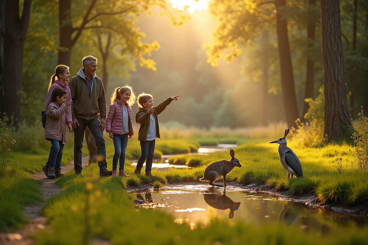 Famille dans la forêt regarde un lièvre et un héron au bord de l