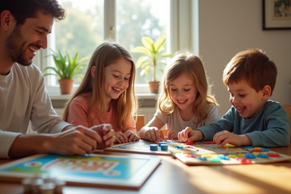 Famille heureuse choisissant des jeux de société lumineux