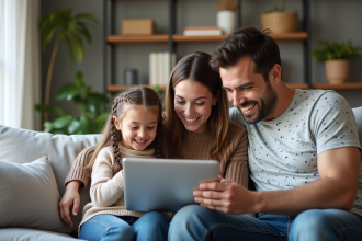 Famille moderne partageant une tablette dans un salon cosy