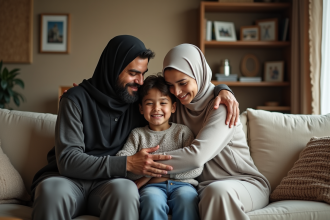 Famille musulmane chaleureuse avec un orphelin dans un salon