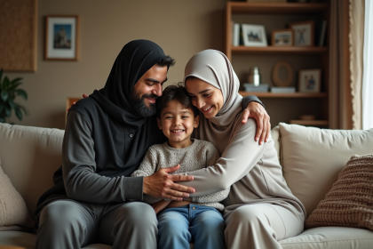 Famille musulmane chaleureuse avec un orphelin dans un salon