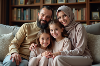 Couple musulman avec enfant dans un salon chaleureux