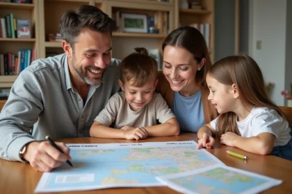 Famille souriante planifiant vacances scolaires &agrave; la maison