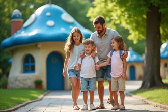 Famille souriante devant maison champignon bleue au parc des Schtroumpfs