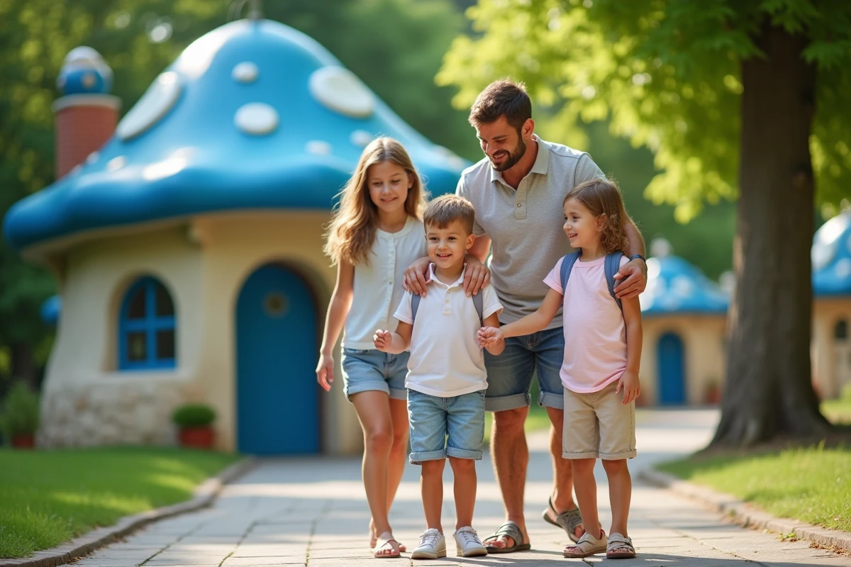 Famille souriante devant maison champignon bleue au parc des Schtroumpfs