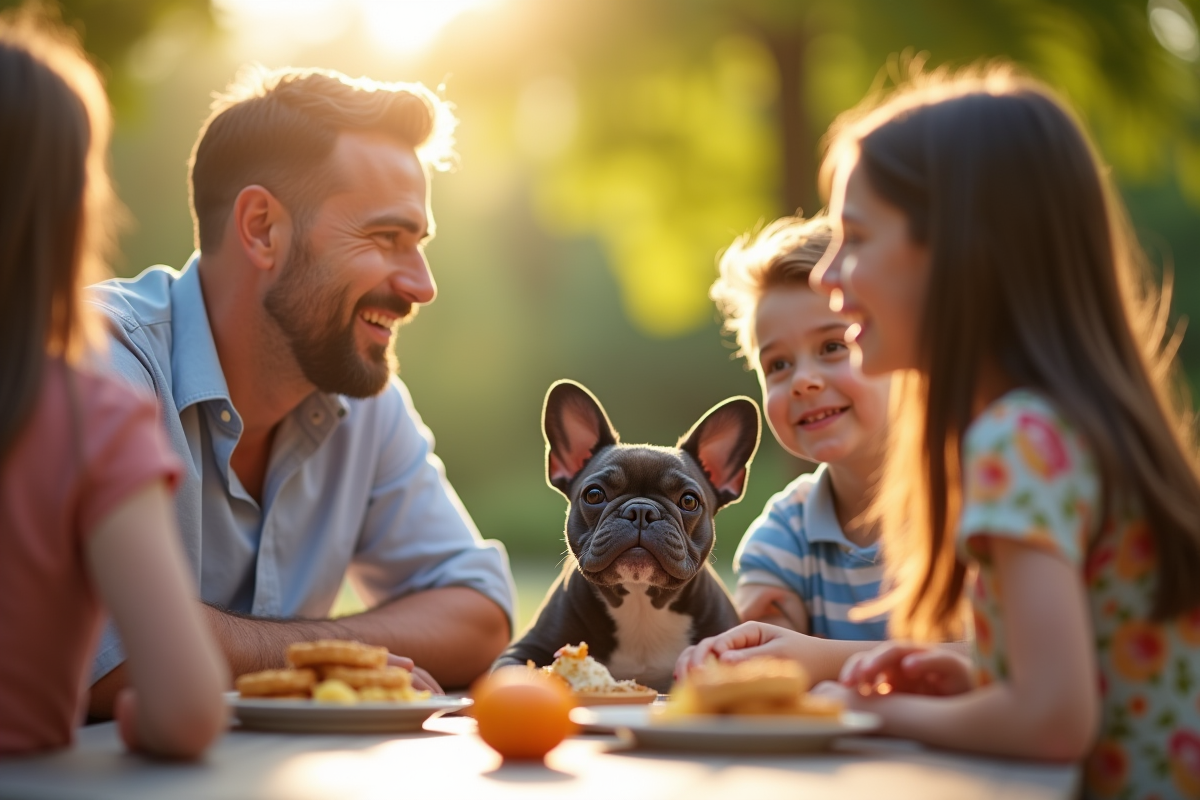 Famille avec bouledogue français partageant un pique-nique en jardin