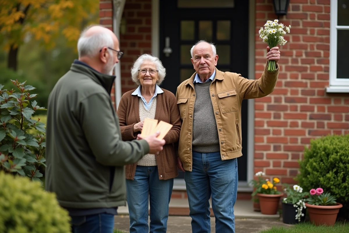 Famille devant la porte de la maison avec billets et fleurs