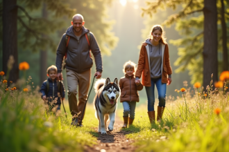 Famille heureuse en randonnée dans la forêt ensoleillée