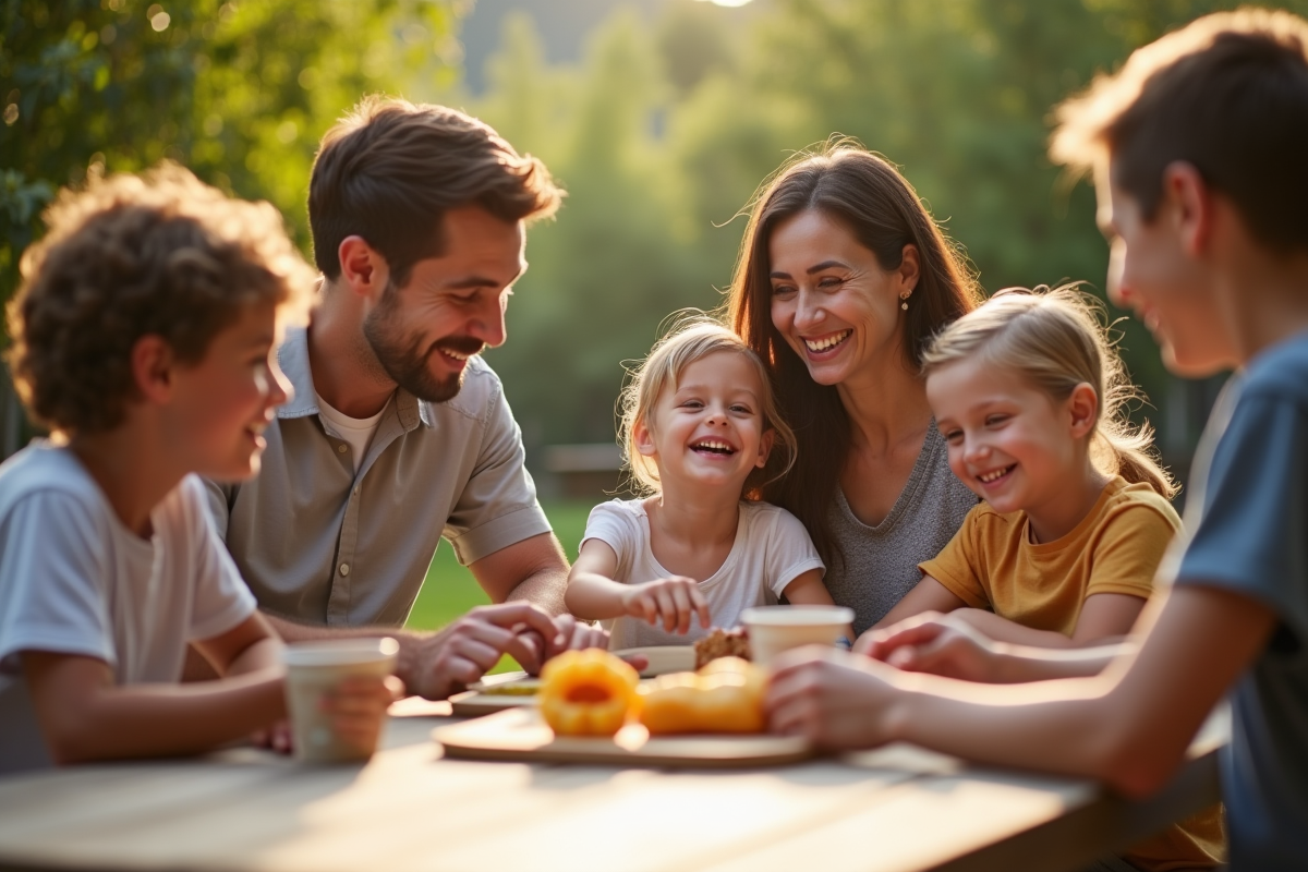 Famille recomposée riant lors d'un pique-nique en plein air