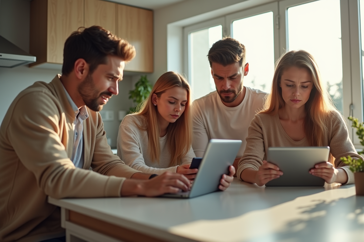 Famille de quatre personnes utilisant des tablettes et smartphones