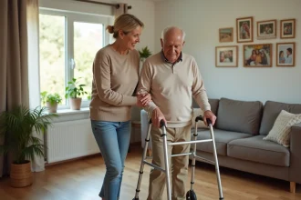 Femme aidant son père âgé dans un salon chaleureux