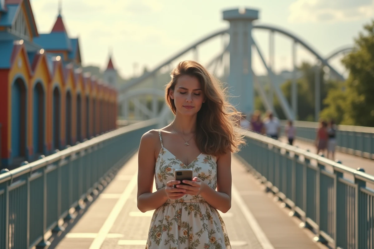 Jeune femme utilisant une application mobile pour gérer les temps d'attente dans un parc d'attractions alsacien