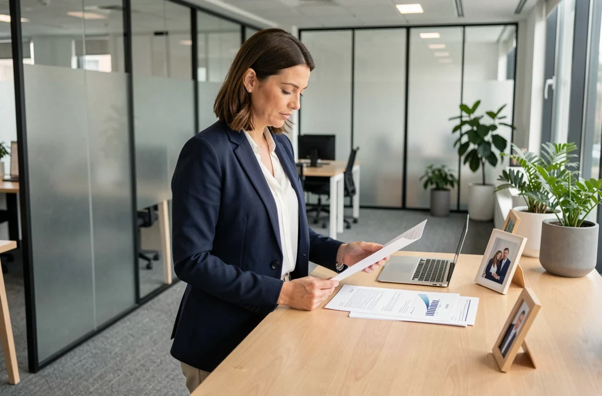 Femme cadre consultant des documents administratifs pour une demande de temps partiel à 80% après congé maternité